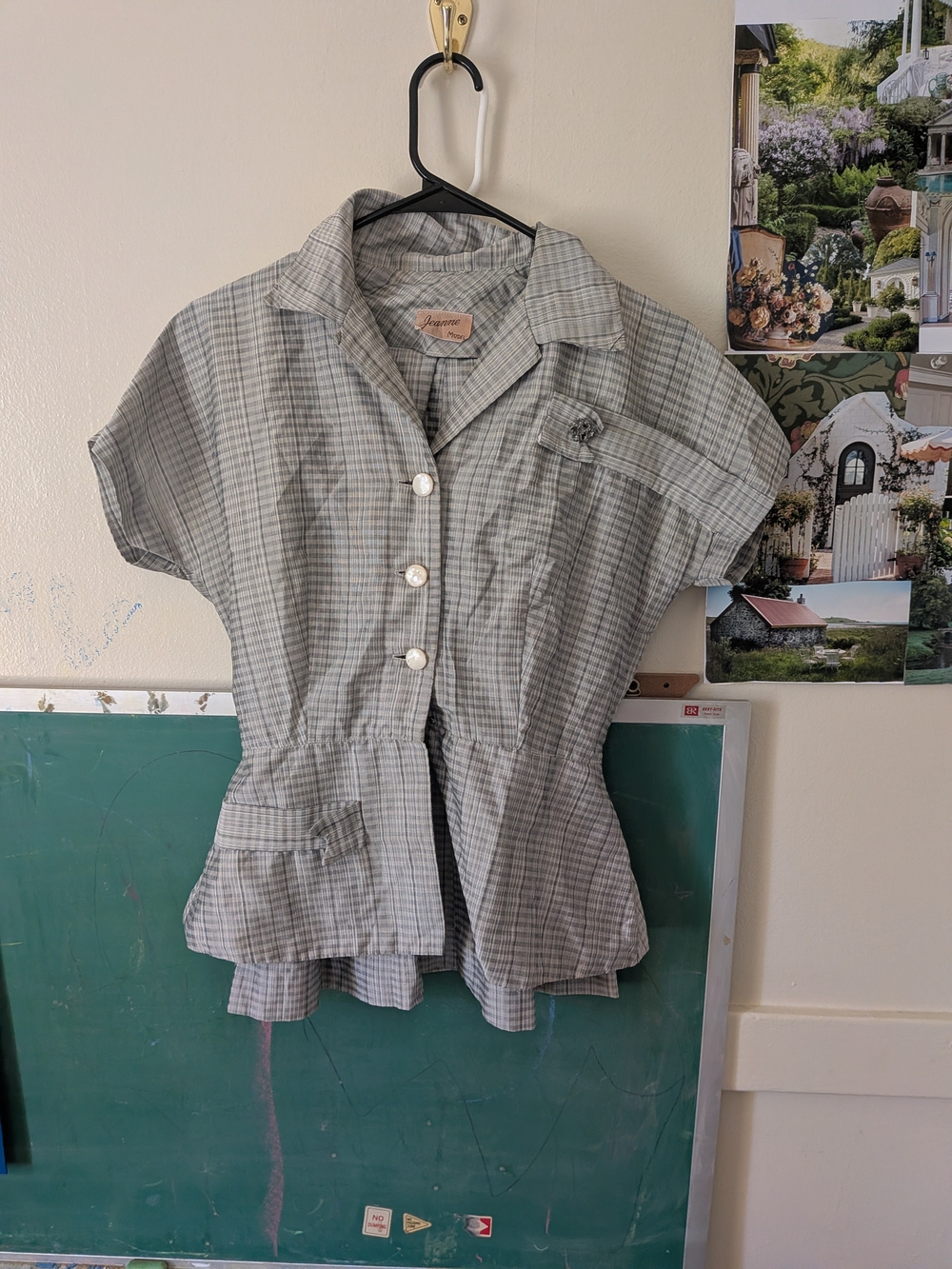 Light Gray Plaid Button Front Peplum Silk Skirt Suit 1950s Vintage
